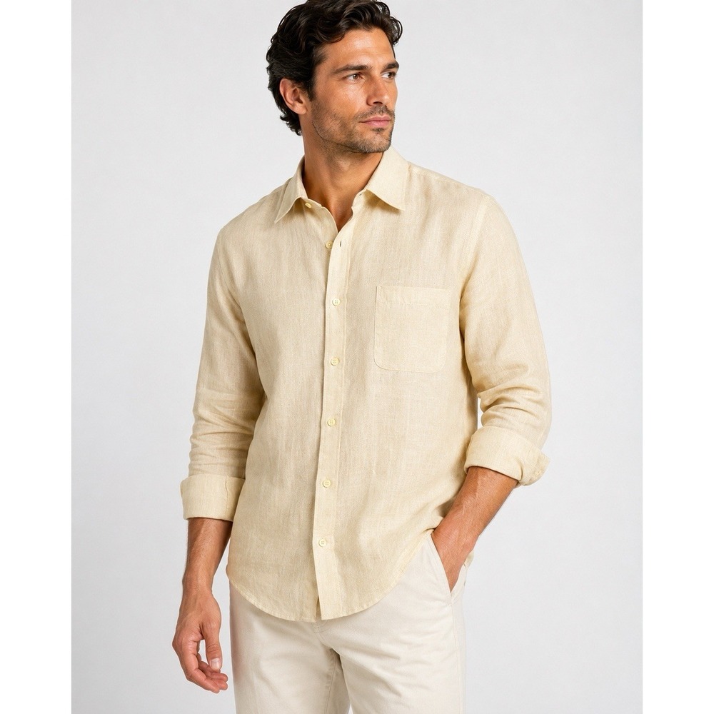 Claiborne Linen Blend Button Front Shirt Men's 17.5 Beige Resort Business Casual